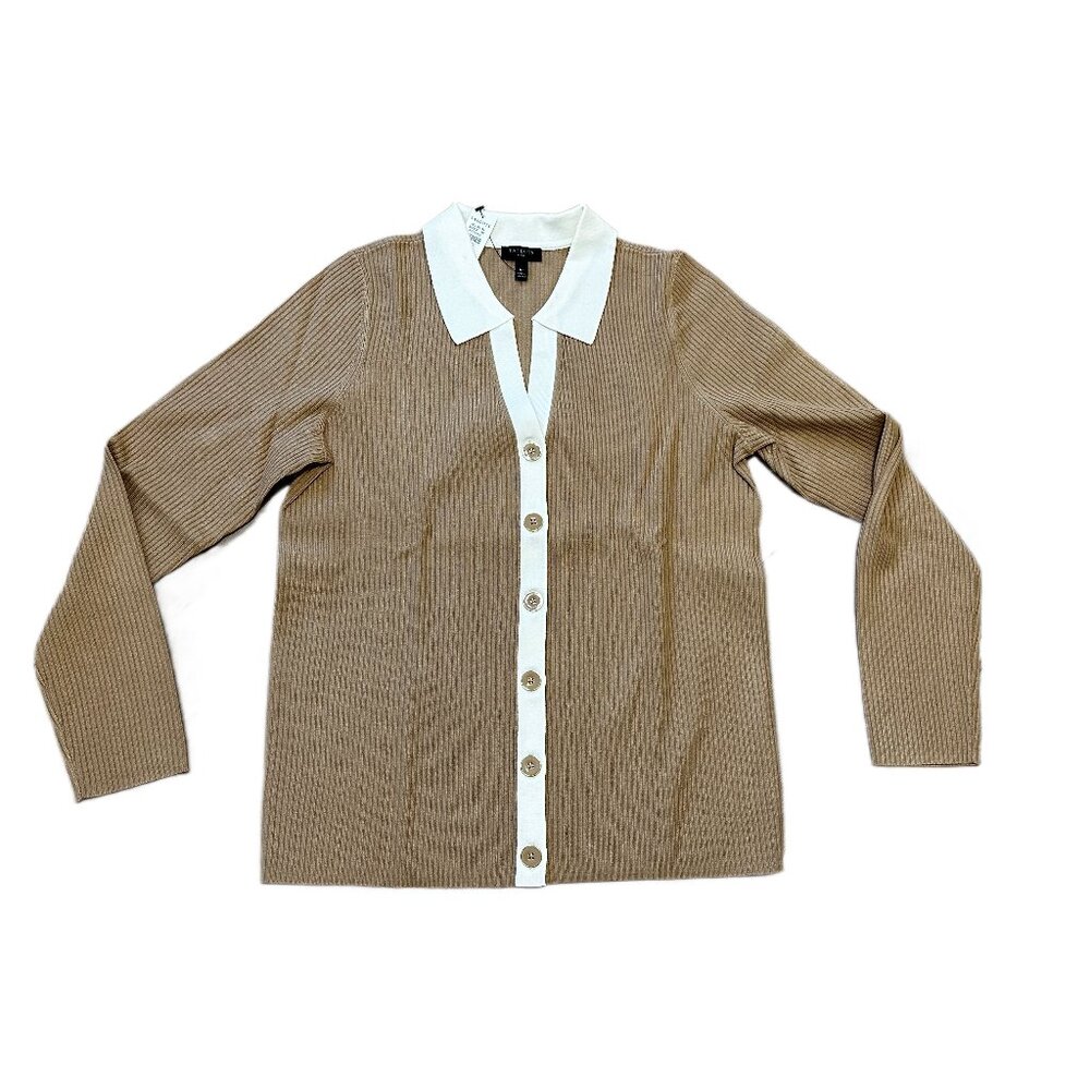 NWT - Talbots Khaki Cream Ribbed Button Cardigan MP Preppy Sold Out